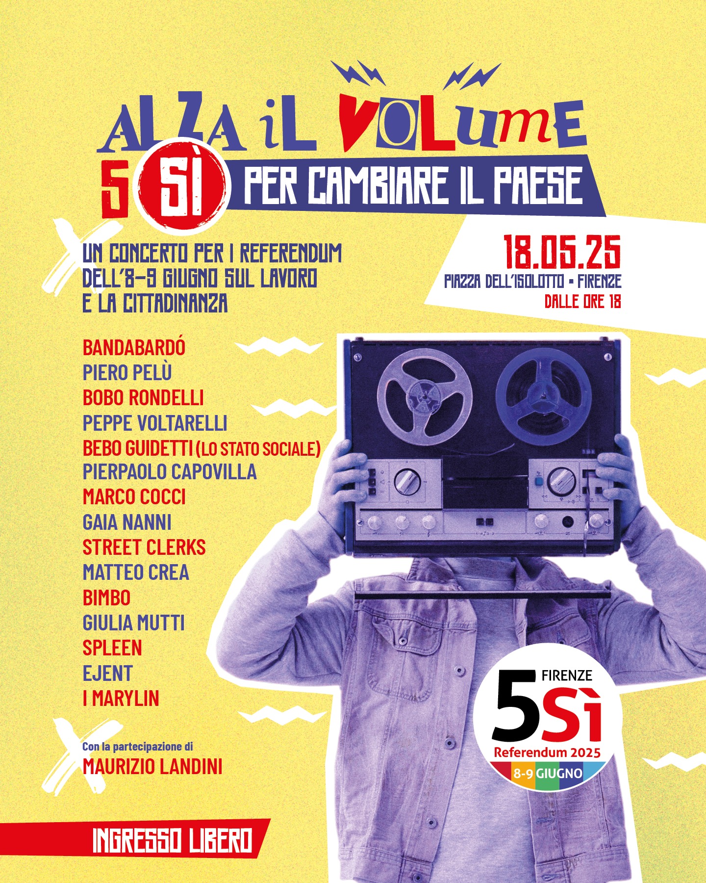 Referendum. Pelù, Bandabardò, Rondelli e Maurizio Landini sul palco per “Alza il Volume: 5 Sì per Cambiare il Paese” – ASCOLTA