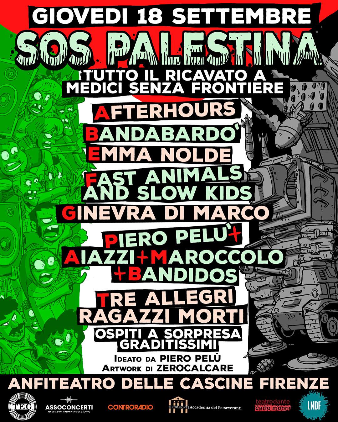 Piero Pelù, Afterhours, Tre Allegri ragazzi Morti, Fast Animals and Slow Kids sul palco per il concertone SOS Palestina